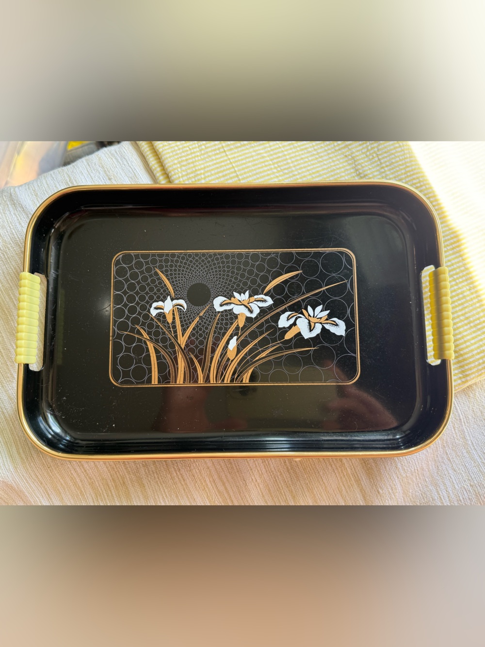 Black vintage 80’s Floral Melamine trinket Tray with Yellow iris flower Accents